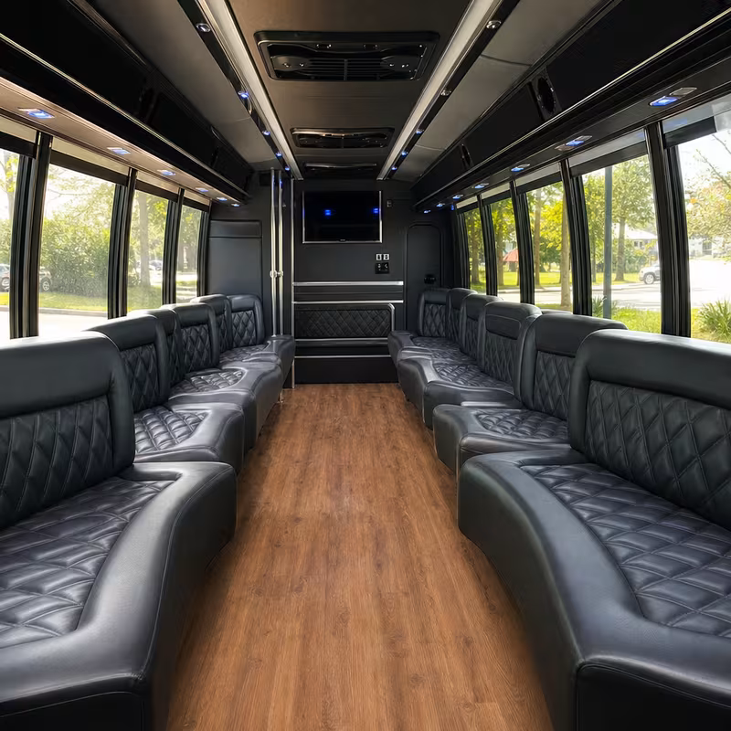 Passenger watching the Oakland scenery during a regional party bus road trip