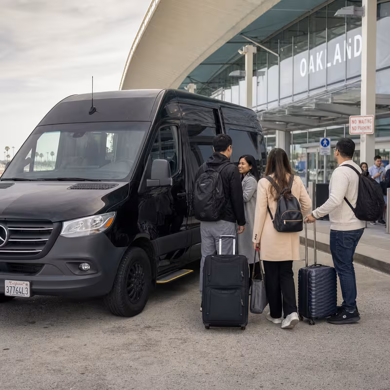Group boarding a white charter bus for Airport Transportation transportation in Oakland