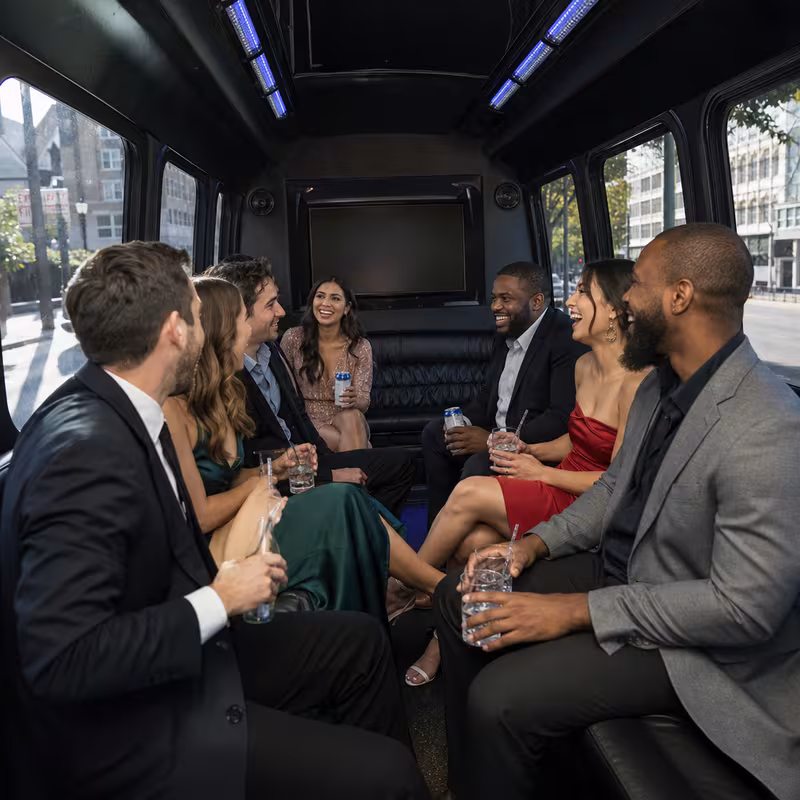 Party bus interior with wraparound leather seating and LED lighting in Oakland