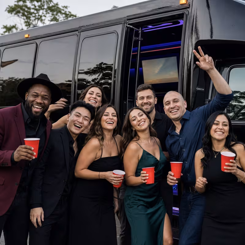 Group boarding a white charter bus for Birthday Transportation transportation in Oakland