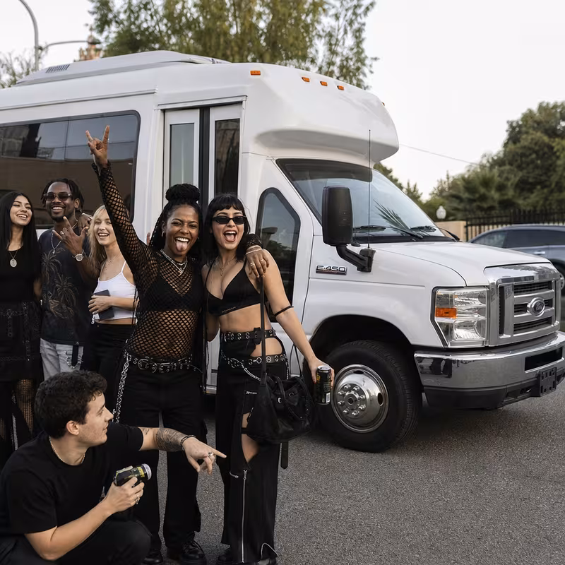 Black Mercedes Sprinter van staged for an Oakland Concert Transportation group