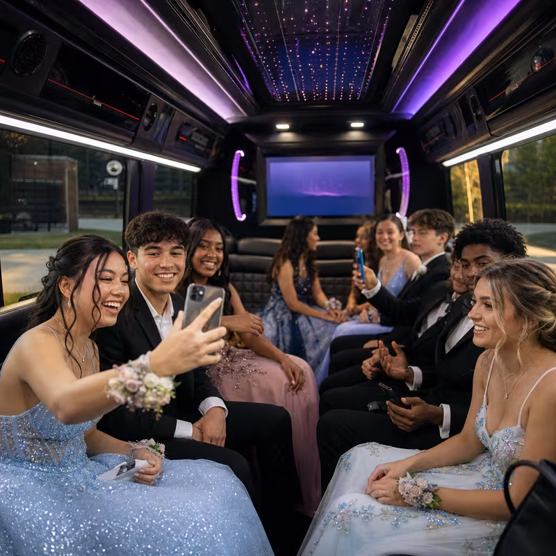 Black Mercedes Sprinter van staged for an Oakland Prom & Homecoming Transportation group