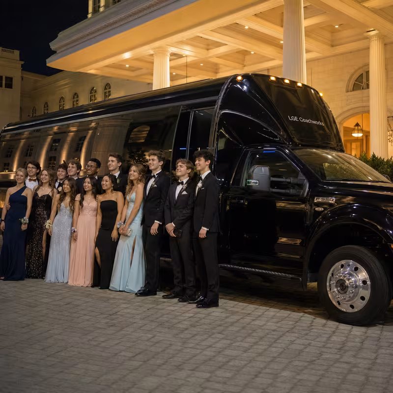 Party bus interior with wraparound leather seating and LED lighting in Oakland