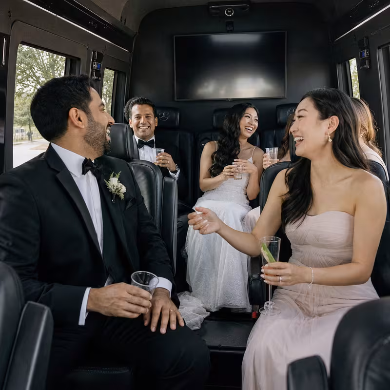 Black Mercedes Sprinter van staged for an Oakland Wedding Transportation group