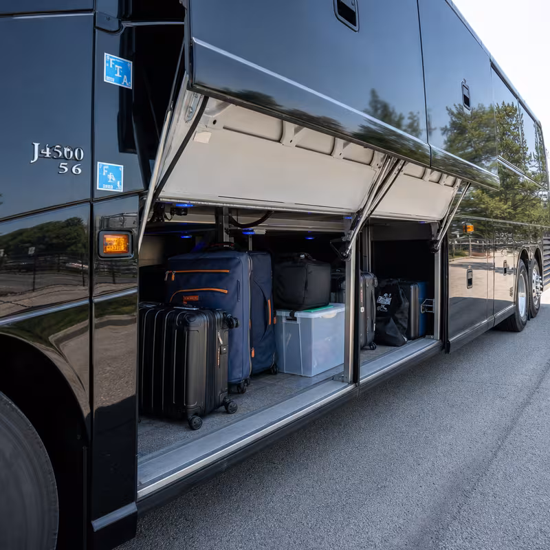 Party bus interior with wraparound leather seating and LED lighting in Oakland